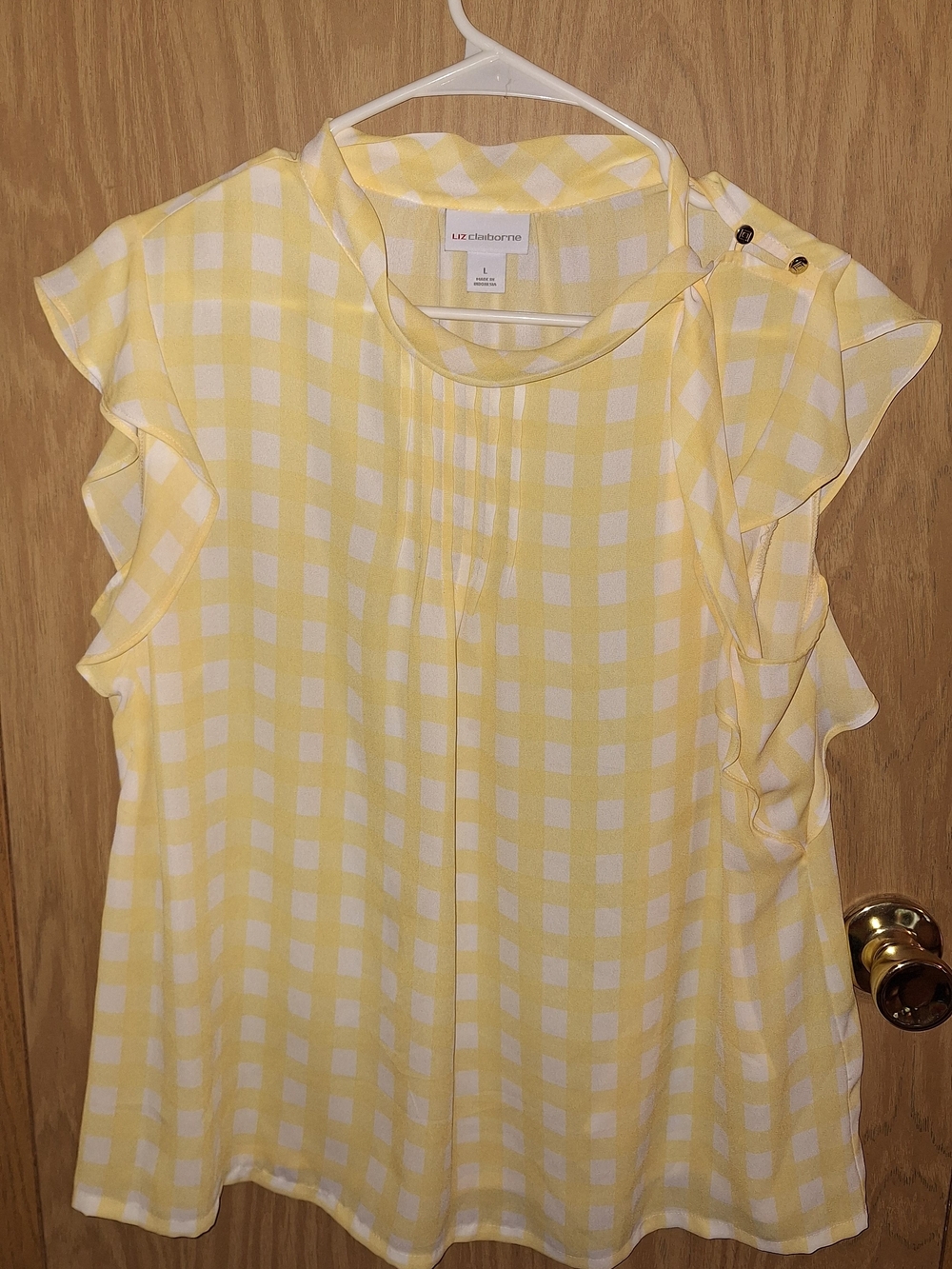 Liz Claiborne Yellow Gingham Ruffle Sleeve Tie-Neck Blouse
